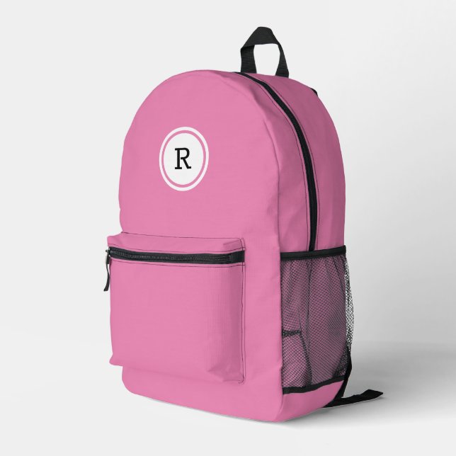 Bold Monogram in White Circle on Pink Printed Backpack (Back Corner Right)