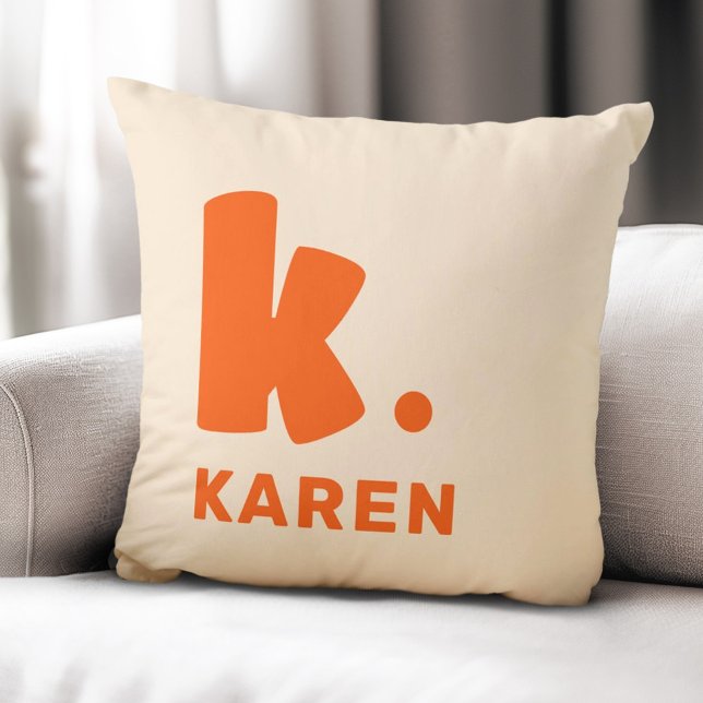 Bold monogram initial and name orange cushion (Bold monogram initial and name orange throw pillow)
