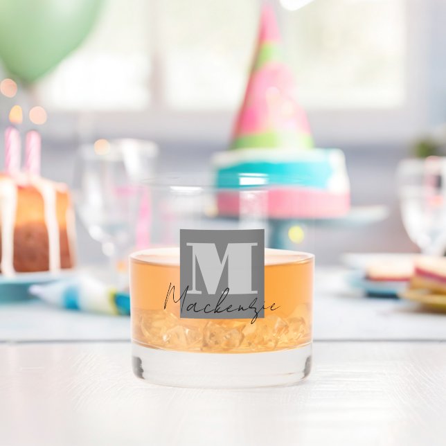 Bold Monogram Initial Fancy Script Custom Whiskey Glass (Insitu (Birthday))