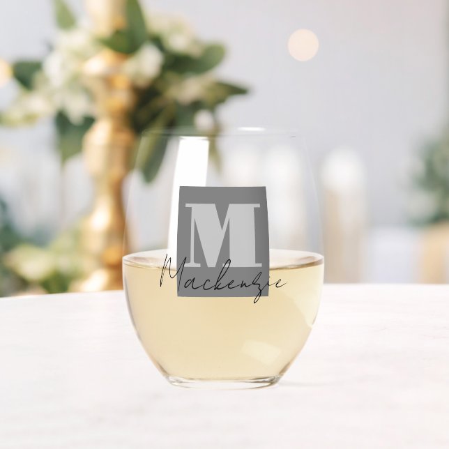 Bold Monogram Initial Fancy Script Stemless Wine Glass (Insitu (Wedding))