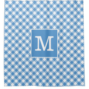 Bold Monogram Light Blue and White Gingham Pattern Shower Curtain