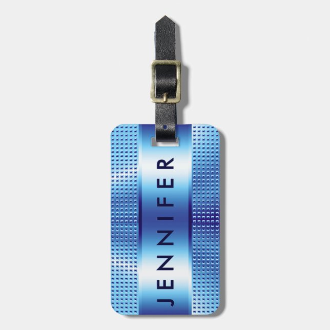 Bold Monogram, Metallic Blue Pattern Design Luggage Tag (Front Vertical)