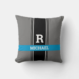Bold Monogram & Name, Blue Grey & Black Stripes Cushion