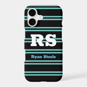 Bold Monogram & Name, Lt. Teal Lines on Black