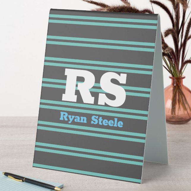 Bold Monogram & Name, Lt. Teal Lines on Dark Grey (In SItu (Table))