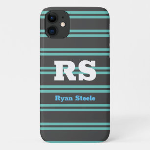 Bold Monogram & Name, Lt. Teal Lines on Dark Grey iPhone 11 Case