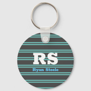 Bold Monogram & Name, Lt. Teal Lines on Dark Grey Key Ring