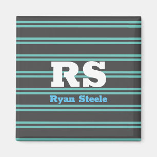 Bold Monogram & Name, Lt. Teal Lines on Dark Grey Magnet
