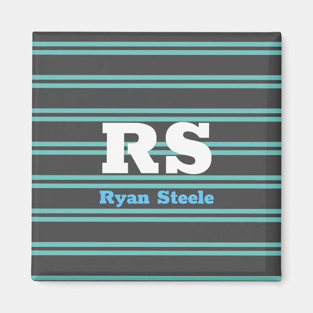 Bold Monogram & Name, Lt. Teal Lines on Dark Grey Magnet (Front)