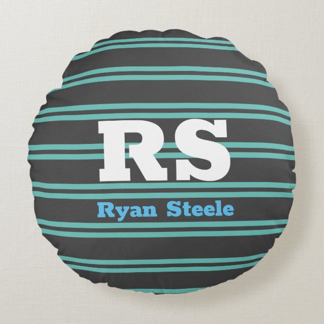 Bold Monogram & Name, Lt. Teal Lines on Dark Grey  Round Cushion (Front)