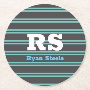Bold Monogram & Name, Lt. Teal Lines on Dark Grey Round Paper Coaster