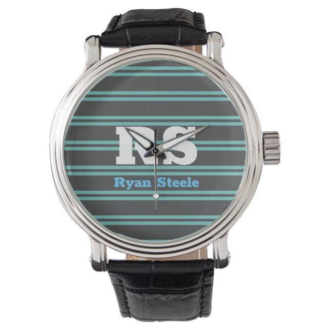 Bold Monogram & Name, Lt. Teal Lines on Dark Grey Watch (Front)
