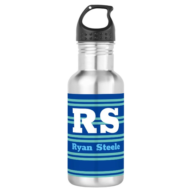 Bold Monogram & Name, Lt. Teal Lines on Deep Blue 532 Ml Water Bottle (Front)