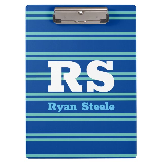 Bold Monogram & Name, Lt. Teal Lines on Deep Blue Clipboard (Front)