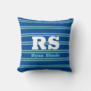 Bold Monogram & Name, Lt. Teal Lines on Deep Blue Cushion