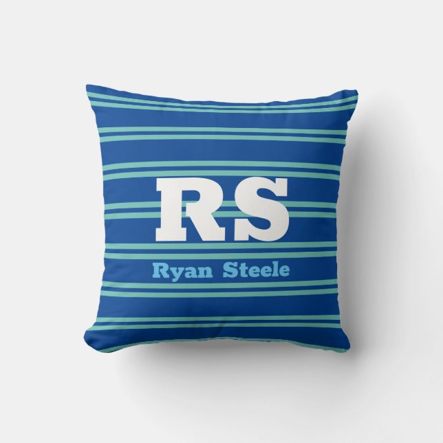 Bold Monogram & Name, Lt. Teal Lines on Deep Blue Cushion (Front)