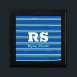 Bold Monogram & Name, Lt Teal Lines on Deep Blue Gift Box<br><div class="desc">Personalise bold white monogram and name on light teal lines on deep blue background.</div>