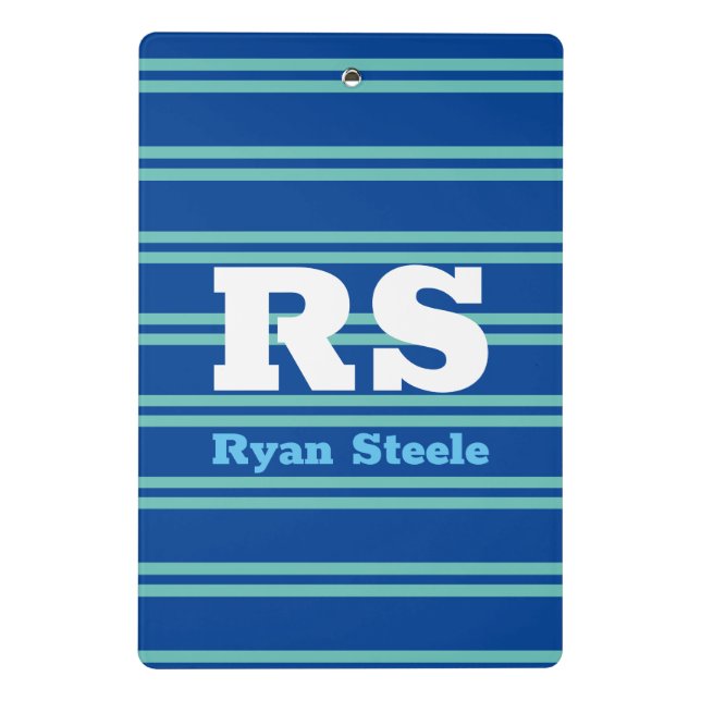 Bold Monogram & Name, Lt. Teal Lines on Deep Blue Mini Clipboard (Back)