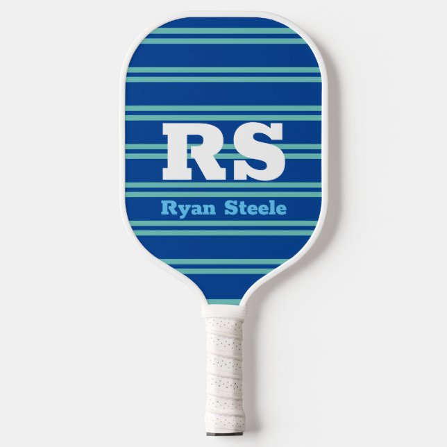 Bold Monogram & Name, Lt. Teal Lines on Deep Blue Pickleball Paddle (Front)