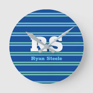 Bold Monogram & Name, Lt. Teal Lines on Deep Blue Round Clock