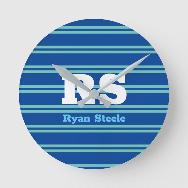 Bold Monogram & Name, Lt. Teal Lines on Deep Blue Round Clock (Front)