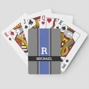 Bold Monogram & Name Med Blue Grey & Black Stripes Playing Cards