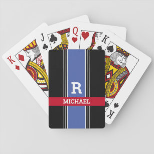 Bold Monogram & Name, Med Blue Red & Black Stripes Playing Cards