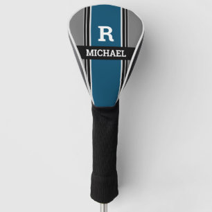 Bold Monogram & Name, Ocean Blue Grey Blk. Stripes Golf Head Cover