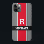 Bold Monogram & Name, Red Grey & Black Stripes iPhone 11 Pro Case<br><div class="desc">Personalise your Monogram and name in light grey bold text on red,  grey and black stripes. Click “Customise” to change colours and type styles.</div>