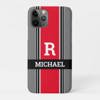 Bold Monogram & Name, Red Grey & Black Stripes