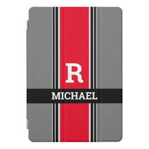 Bold Monogram & Name, Red Grey & Black Stripes iPad Pro Cover