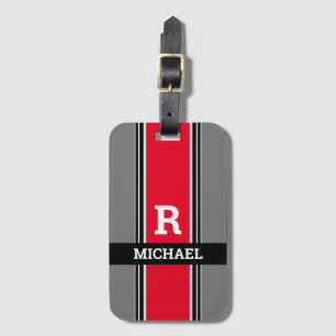 Bold Monogram & Name, Red Grey & Black Stripes Luggage Tag