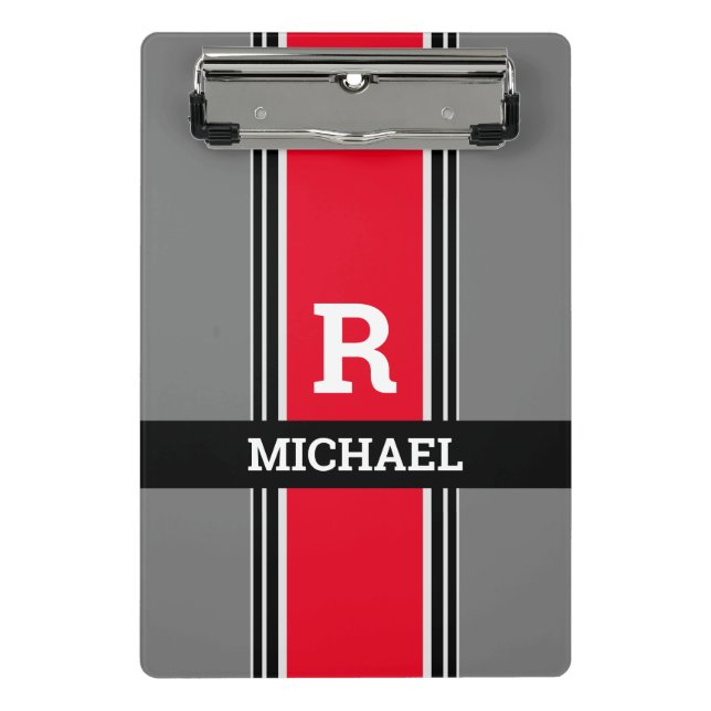 Bold Monogram & Name, Red Grey & Black Stripes Mini Clipboard (Front)