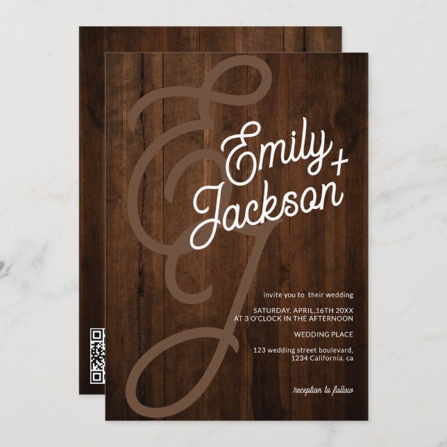 Bold monogram names rustic wood qr code wedding invitation (Front/Back)