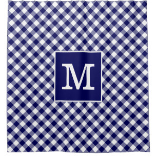 Bold Monogram Navy Blue and White Gingham Pattern Shower Curtain