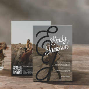 Bold monogram photos names boho qr code wedding invitation