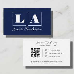 Bold Monogram QR Code Blue Business Card