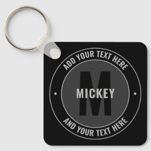 Bold Monogram & Text   Black & Grey Key Ring
