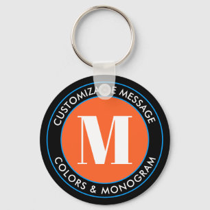 Bold Monogram & Text   Black White Orange & Blue Key Ring