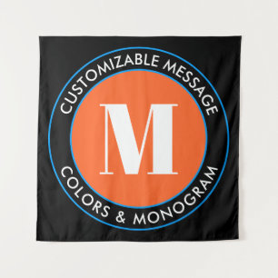 Bold Monogram & Text Black White Orange & Blue Tapestry