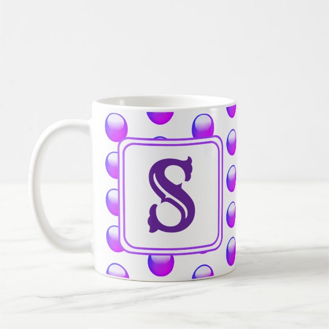Bold Monogram Vibrant Purple Polka Dot Initial Coffee Mug (Left)