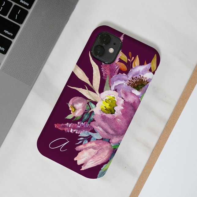 Bold Monogrammed Purple Wine Garden Floral  Case-Mate iPhone Case (Creator Uploaded)