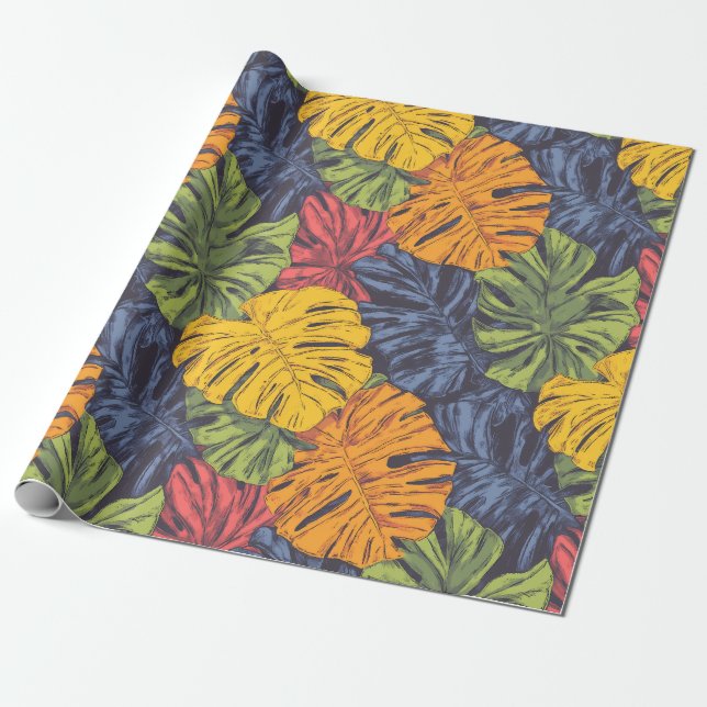 Bold Monstera Leaves Tropical Wrapping Paper (Unrolled)