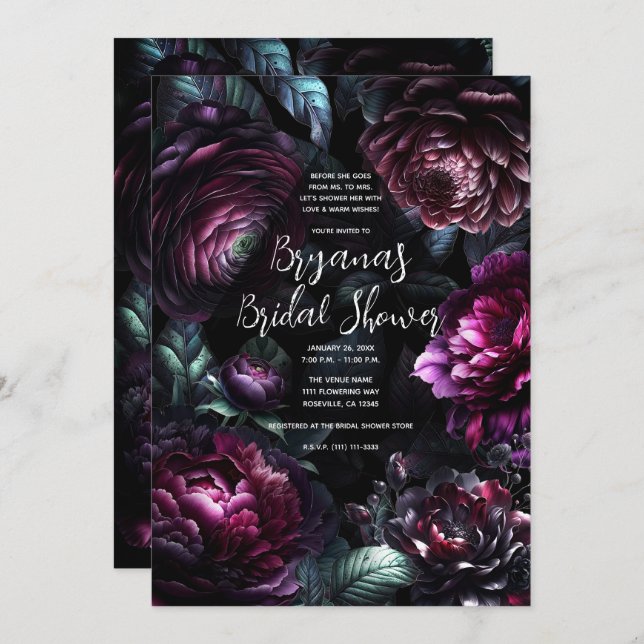 Bold Moody Flowers Black Enchanted Floral Bridal  Invitation (Front/Back)