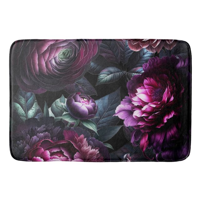 Bold Moody Flowers Black Enchanted Floral Garden Bath Mat (Front)