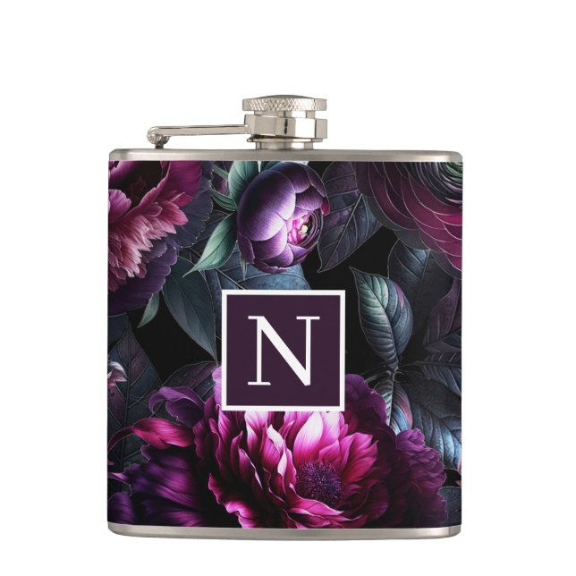 Bold Moody Flowers Black Enchanted Floral Garden Hip Flask (Front)