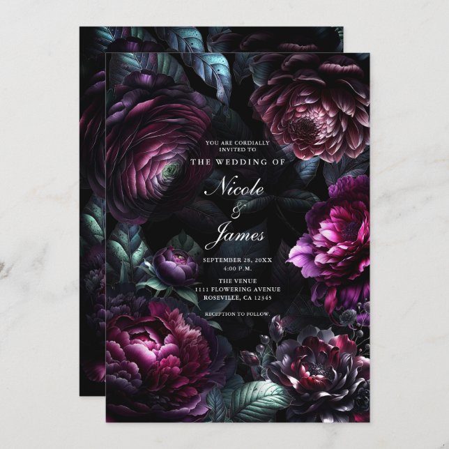 Bold Moody Flowers Black Enchanted Floral Wedding Invitation (Front/Back)