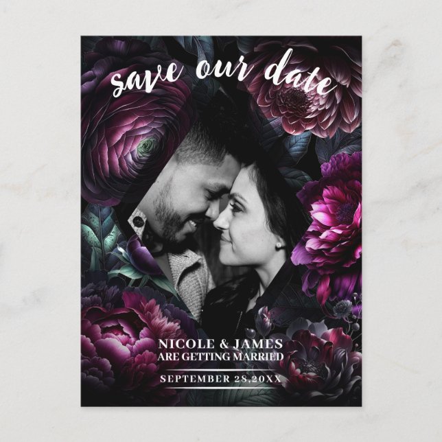 Bold Moody Flowers Enchanted Floral Save the Date Announcement Postcard (Front)