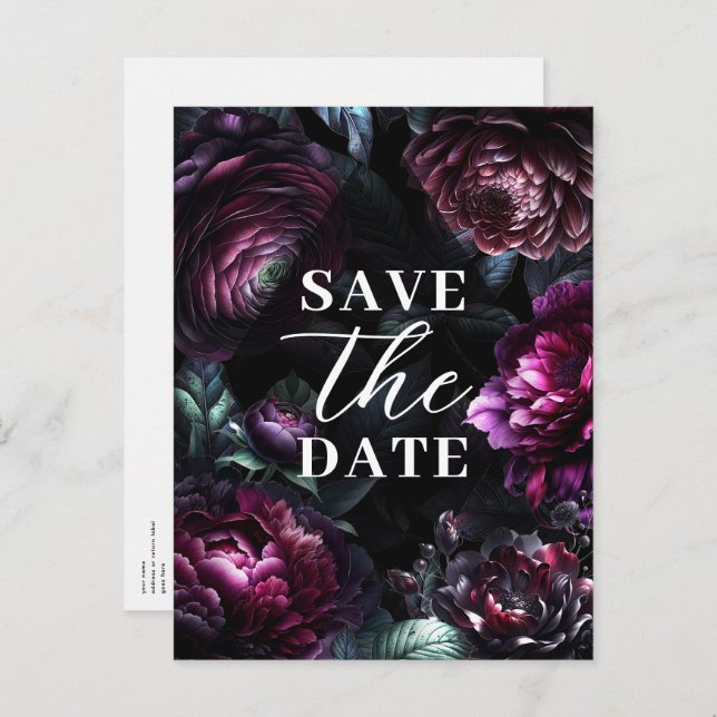 Bold Moody Flowers Enchanted Floral Save the Date Announcement Postcard (Front/Back)