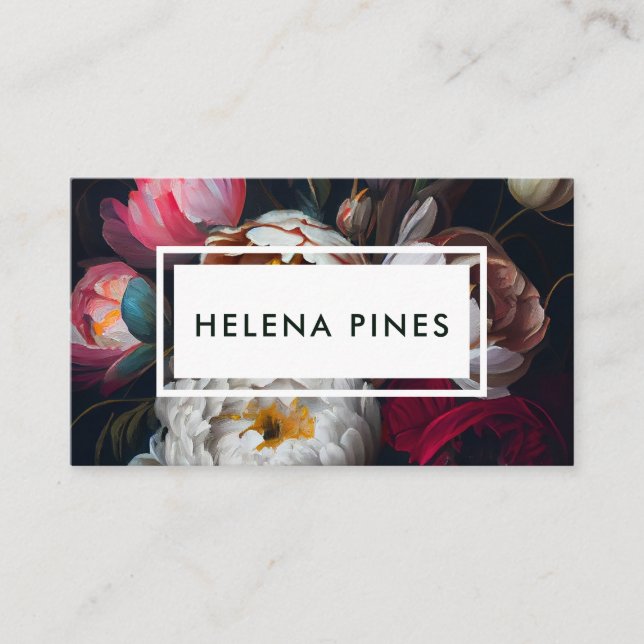 Bold moody painterly flowers on dark business card (Front)